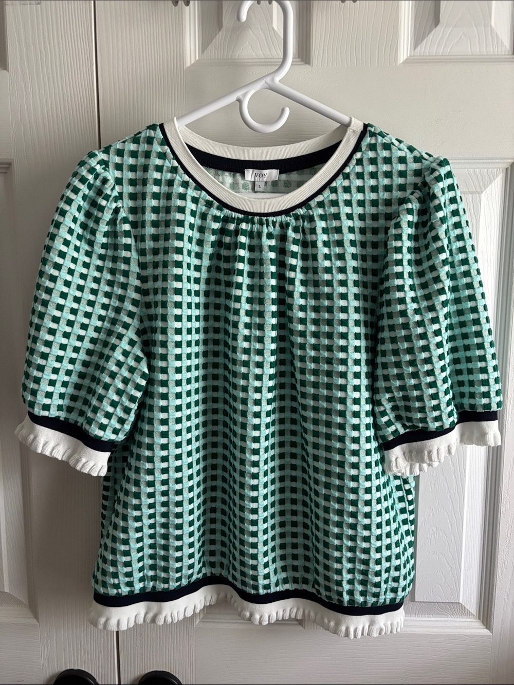 VOY Mint Green Gingham Puff-Sleeve Top with White & Black Trim